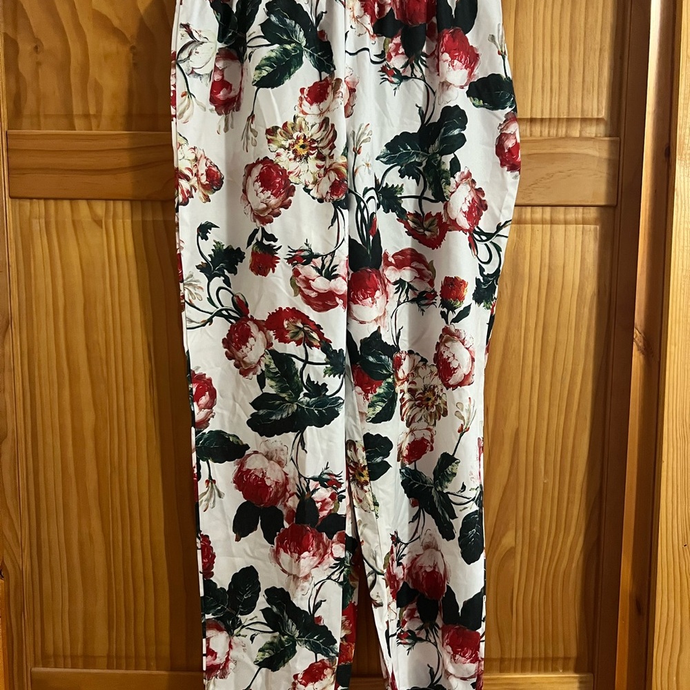 White Floral Print Pants with Red & Green Blooms